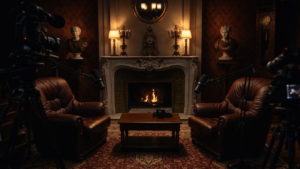 Cozy, traditional sitting room arranged like a recording studio, with two brown leather armchairs facing a carved stone fireplace and a small wooden coffee table on a patterned rug. The mantel holds antique lamps and a clock beneath a round mirror, with classical busts and a tall grandfather clock against dark red walls, and cameras and microphone stands framing the scene.